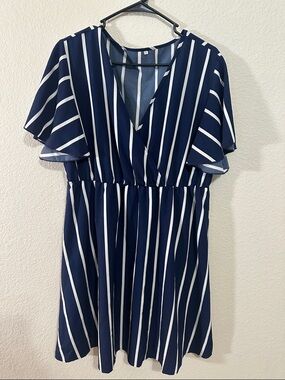 Navy and White Striped V-Neck Dress